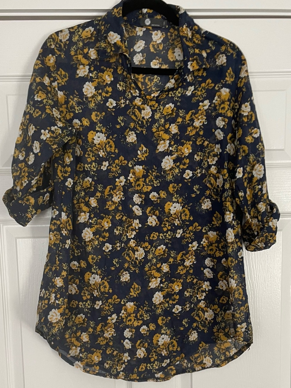 Navy Floral Voile V-Neck Roll-Tab Tunicwith Mustard Accents
